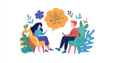 Fototapeta premium Two individuals engaged in a thoughtful conversation surrounded by colorful foliage and abstract design.