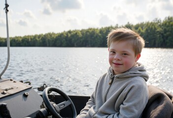Fototapeta premium Young Caucasian boy enjoys serene boat ride on sunny lake, adventure and leisure, World Down Syndrome Day, Down syndrome, chromosome 21