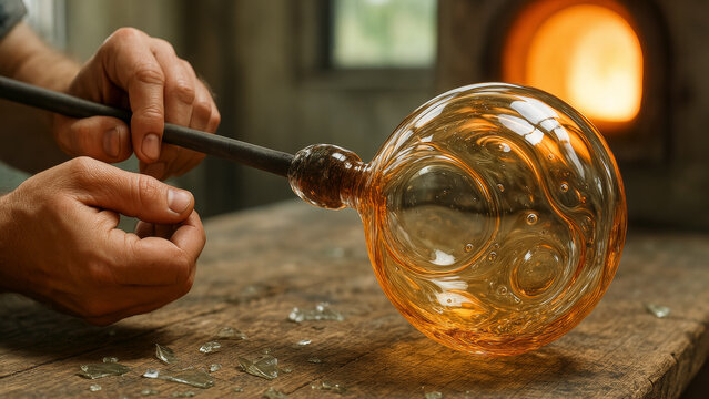 Close-up of glassblower hands shaping molten glass orb with a glowing furnace in a workshop