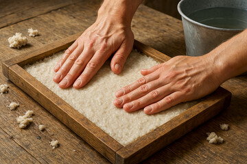 Artisan hands pressing handmade paper pulp in a wooden frame on a rustic table with a water bucket nearby