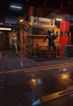 Alien Warrior Intruder on Board a Space Ship, 3d digitally rendered science fiction illustration