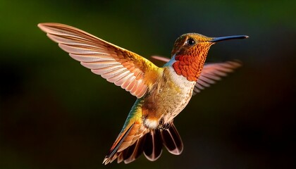 Fototapeta premium Hummingbird caught in mid-flight in the sunlight