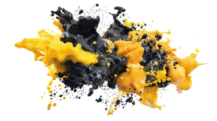 Yellow and black paint splashing together on transparent background
