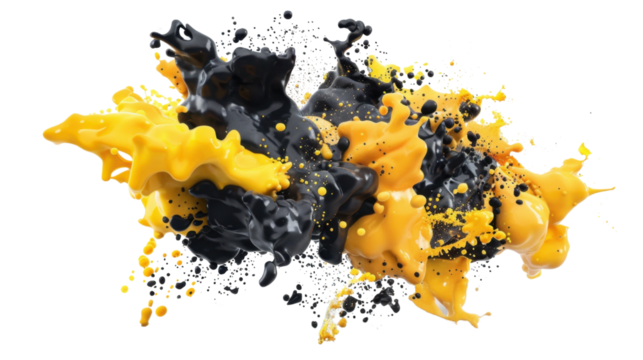 Yellow and black paint splashing together on transparent background