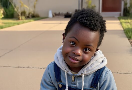 African American boy smiling outdoors in casual outfit, celebrating childhood and diversity, inclusion awareness, Down syndrome, chromosome 21