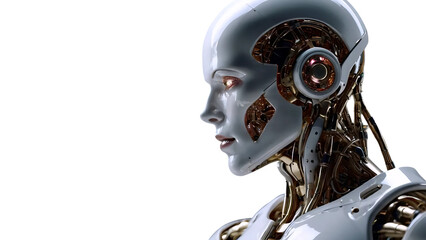 Fototapeta premium A futuristic android with a polished body, intricate mechanical joints, and built-in LED lines. It holds its hand on its chin in deep thought, as if strategizing. High-tech, stylish, and isolated from