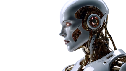 A futuristic android with a polished body, intricate mechanical joints, and built-in LED lines. It holds its hand on its chin in deep thought, as if strategizing. High-tech, stylish, and isolated from