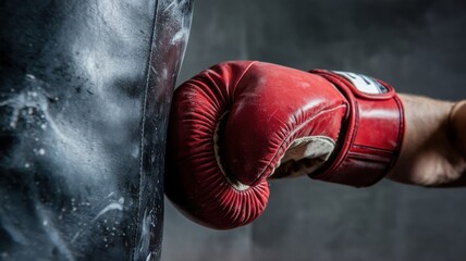 The impact of a red boxing glove on a gray punching bag. The glove is worn out, and the surface of the punching bag is covered with dust and traces of chalk.