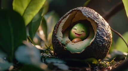 A cheerful character nestled in an avocado shell amidst lush greenery and soft sunlight