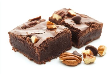 Piece of chocolate brownies with nuts isolated on white background 