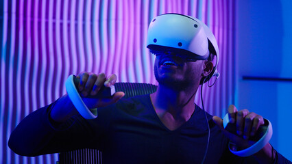 Close up African American gamer user gadget addict modern technology gaming addiction dependency...
