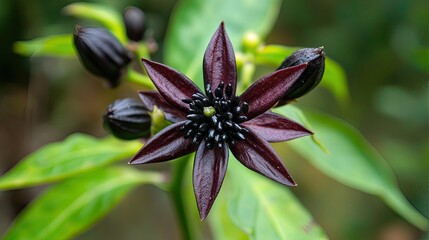 Obraz premium Deep crimson flower with dark seed pods