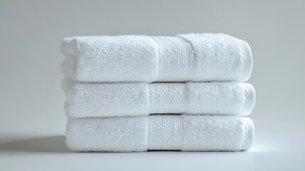 A stack of three clean white towels on a white background