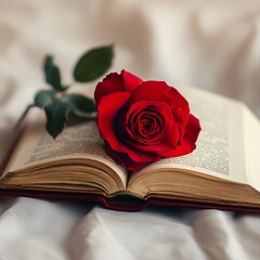 Romantic gesture a red rose on an open book cozy bedroom photography soft lighting intimate mood
