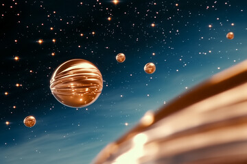 Metallic planets float in vast cosmos with twinkling stars. Mystical setting with a deep space backdrop, featuring golden and silver colors