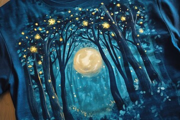 Whimsical Forest Canopy Design with Starry Lights and Blue Tones on Fabric