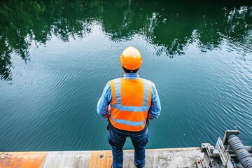 Construction worker observes calm water at a job site during daylight hours