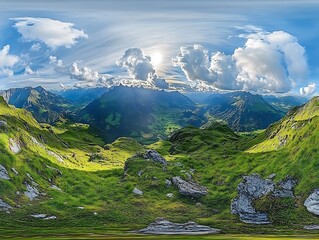 Fototapeta premium Swiss Alps Panorama: Lush Valley at Sunset.