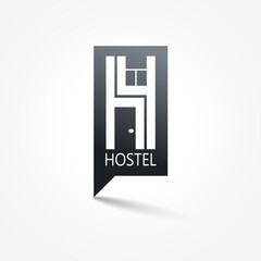 Hostel Abstract Logo Vector Template Emblem. Silhouette Letter H and Door and Window