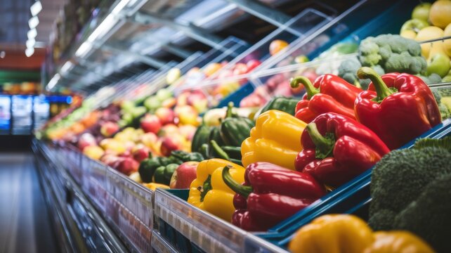A grocery store with bright red bell peppers, yellow bell peppers and green broccoli. Apples, oranges and bananas are visible in the background.