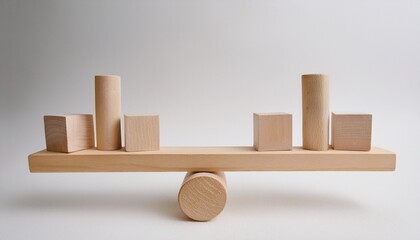 Various models balanced and aligned on a wooden seesaw