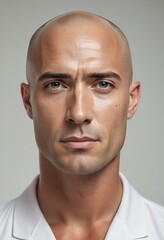 Fototapeta premium Ultra-realistic full-body portrait of a confident bald Portuguese male in an action-oriented pose against a minimalist background, ideal for stock photography.