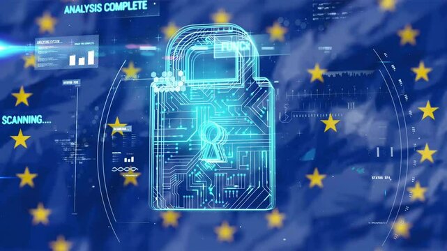 Digital lock and data processing animation over European Union flag background