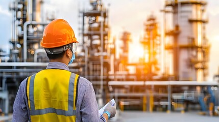 An Engineer's Perspective at Industrial Plant: A skilled engineer, clad in protective gear and holding technical blueprints, gazes over an active industrial plant during golden hour.