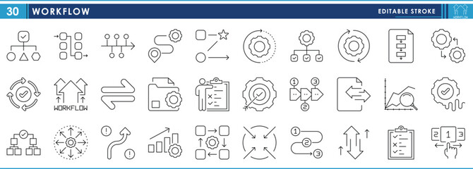 A set of line icons related to Workflow. Work, flow, process, method, steps, gear, numbering, and so on. Vector editable stroke.