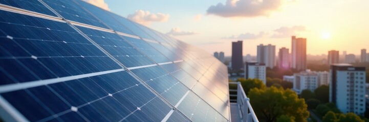 Solar panels on a building with cityscape background, urban, cityscape