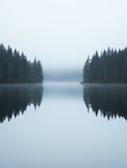 Trees mirrored in misty lake