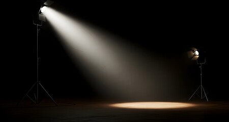 An empty theater stage with a single bright spotlight creating dramatic shadows and highlighting the performance area	
