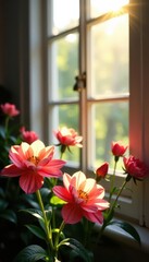 Sunlight streaming through window onto blooming flowers, bloom, hope