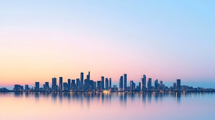 Obraz premium City Skyline Reflecting Buildings Across Calm Water During Sunset with Blue Orange Sky