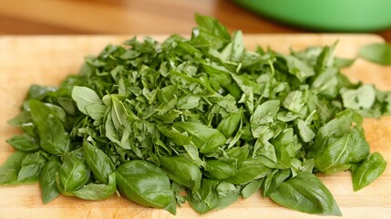Freshly Chopped Basil Leaves on Wooden Board