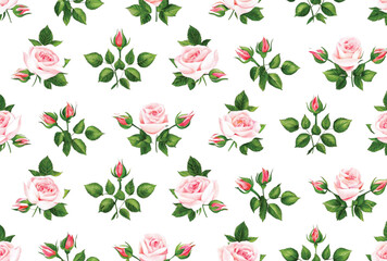 a seamless Repeatable pattern featuring delicate watercolor roses, peonies , floral pattern, on a white background