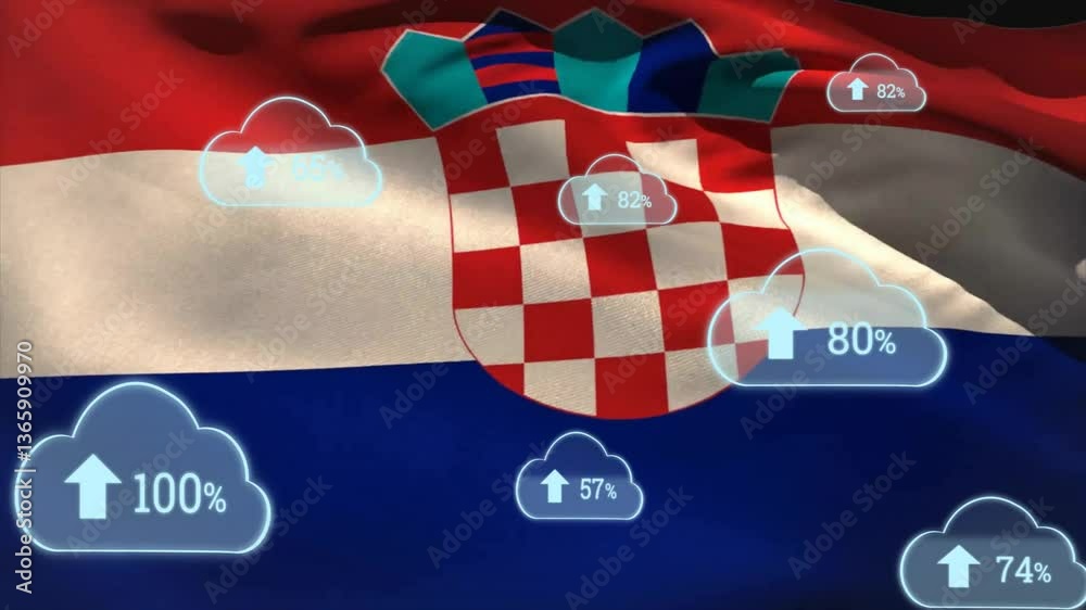 Poster animation of croatian flag with cloud upload icons displaying different percentages
