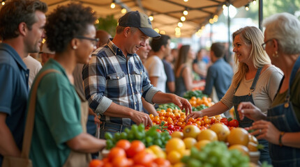Obraz premium A diverse group of people attending a local farmers market, browsing fresh produce and interacting with vendors