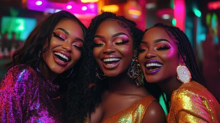 Beautiful Black women wearing glitter makeup and stylish, shimmering outfits, laughing and having fun at a vibrant nightclub