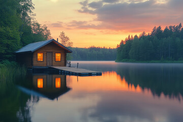Fototapeta premium Small cabin at lakeside during sunset.