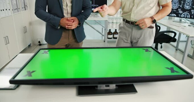 Hands, green screen and interactive display in office, planning or science with tracking markers. Business people, engineer and user experience with mockup space for review at neurotechnology company