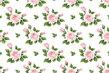 a seamless Repeatable pattern featuring delicate watercolor roses, peonies , floral pattern, on a white background