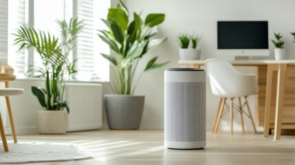 Air purifier with hepa filter modern home office product showcase bright environment close-up perspective