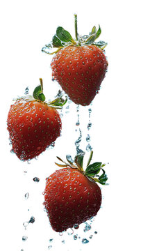 Two strawberries dropping into water &ndash; Commercial style photoshoot with water splashes &ndash; Transparent background
