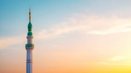 Obraz premium Tall White Minaret Tower with Turquoise Elements under Blue and Orange Gradient Sky during Golden Hour