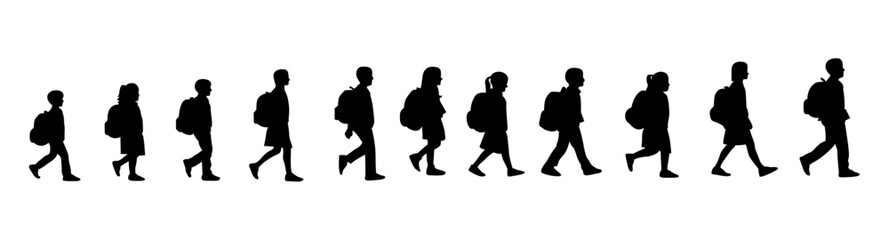 Students heading to school with backpacks on their backs. Vector set