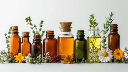 A collection of various essential oils in glass bottles, placed on a white background