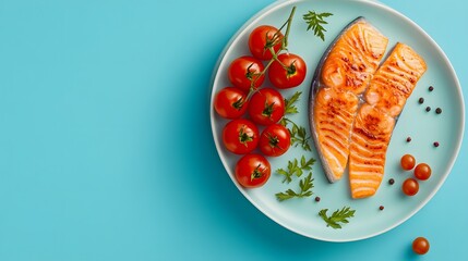 Grilled Salmon Fillet with Cherry Tomatoes Healthy Food Plate