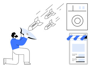 Man holds shield blocking DDOS missiles targeting an online store and server. Ideal for security, protection, cyber defense, threats, resilience, stability, digital safety. Flat simple metaphor