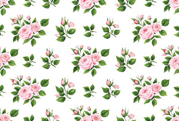 a seamless Repeatable pattern featuring delicate watercolor roses, peonies , floral pattern, on a white background